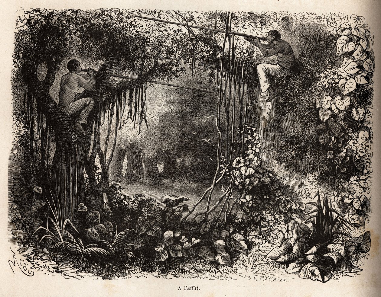 Die Yahua-Indianer von Peru lauern auf Wild, sitzen auf Ästen und bewaffnet mit Blasrohren mit vergifteten Pfeilen. Gravur zur Illustration der Reise vom Pazifischen Ozean zum Atlantischen Ozean durch Südamerika in den Jahren 1848-1860 von Paul M von Unknown artist