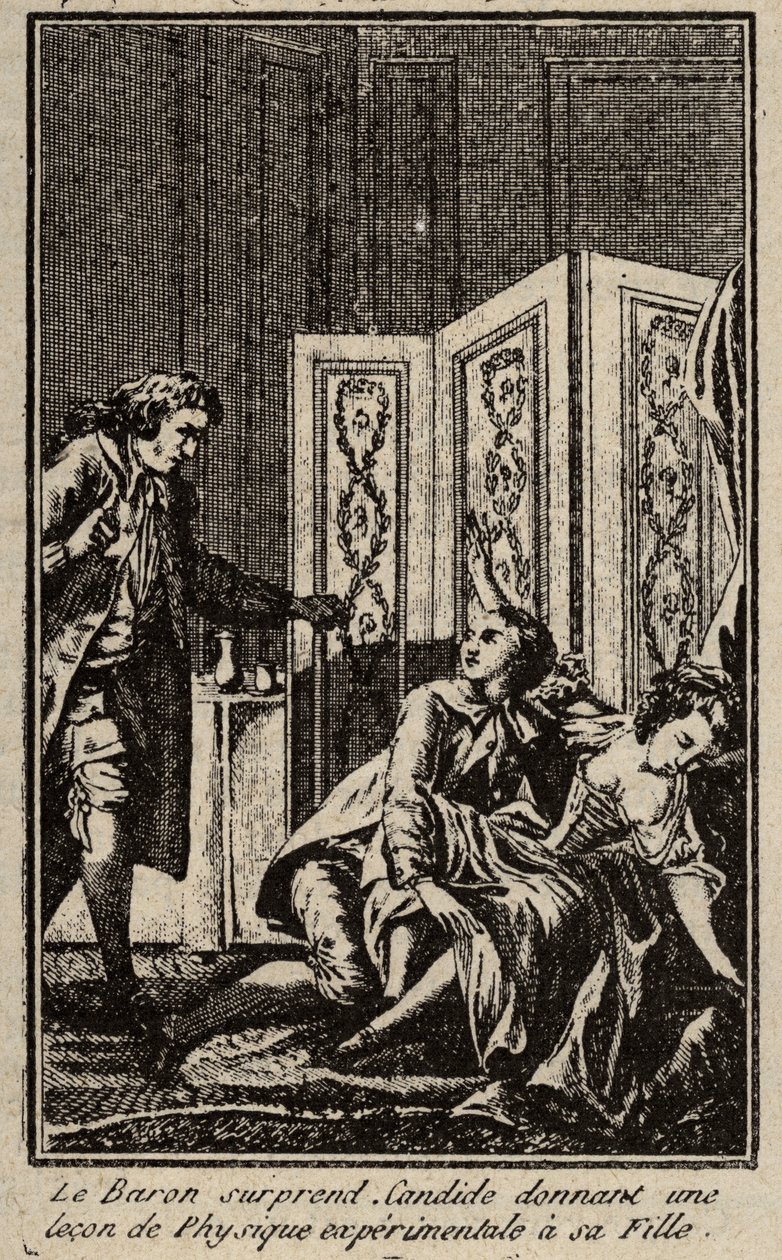 Der Baron überrascht Candide beim Erteilen einer Lektion in Experimentalphysik an seine Tochter. Frontispiz für „Candide“ von Voltaire von Unknown artist