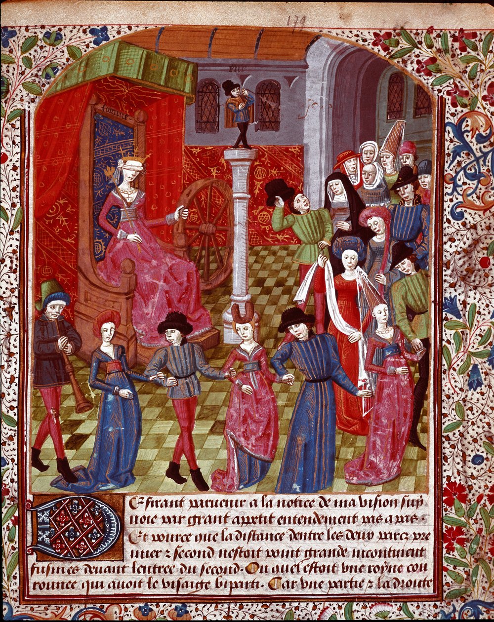 Das blinde Glück dreht das Rad, die Menschen davor sind die Allegorie des Schicksals, des Glücks und des Unglücks von Unknown artist