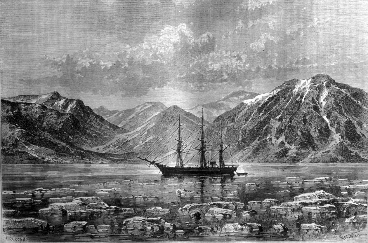 Das Boot von Nils Adolf Erik (Eric) Baron Nordenskjöld (1832-1901), „Vega“, in der Konyam-Bucht. Gravur um 1880 von Unknown artist