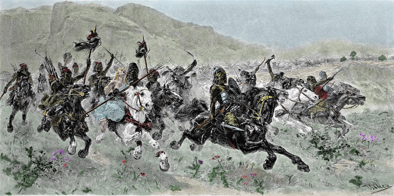 Der Ansturm der Hunnen unter der Führung von Attila (405-453) auf Italien, 5. Jahrhundert - Gravur von U. Checa von Unknown artist