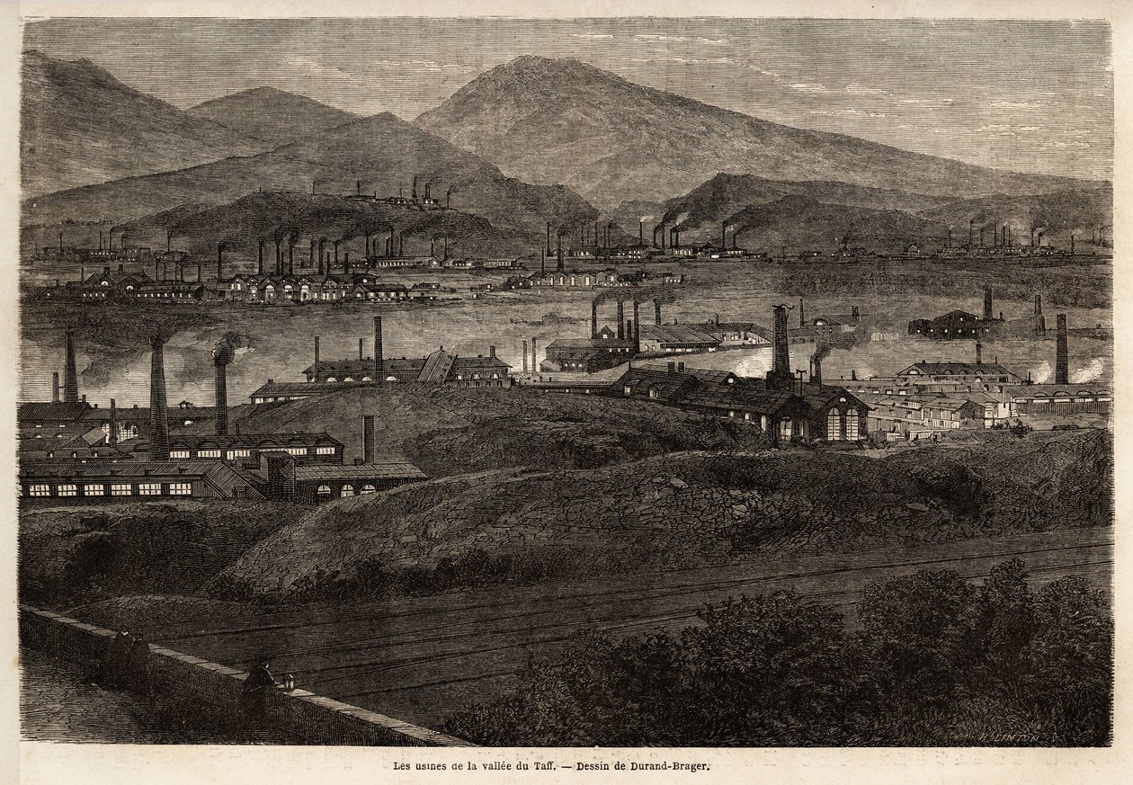 Die Fabriken des Taff-Tals. Zeichnung von Durand Brager, zur Illustration eines Besuchs der großen Fabriken in Wales im Jahr 1862, von L. Simonin. Gravur in „Le tour du monde“, herausgegeben von Edouard Charton von Unknown artist