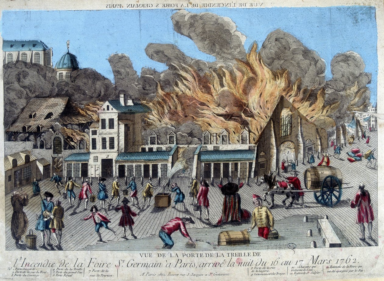 Das Feuer der Saint Germain Messe in Paris in der Nacht vom 16. auf den 17. März 1762, gesehen vom Tor der Treille. Gravur des 18. Jahrhunderts von Unknown artist