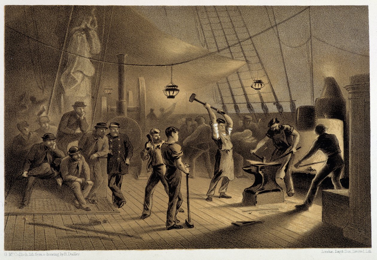 Die Schmiede an Deck. Nacht des 9. August, Vorbereitung der Eisenplatten für den Spill - in "Das Atlantische Telegraphenkabel" von W. H. Russel, ca. 1860 von Unknown artist