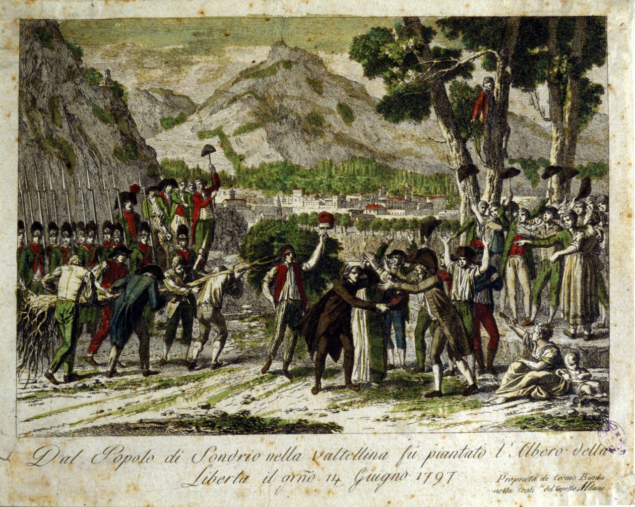 Die Einwohner von Sondrio de la Valtellina pflanzen den Baum der Freiheit, Symbol des Sieges über das Alte Regime. 14.06.1797. Gravur von Unknown artist