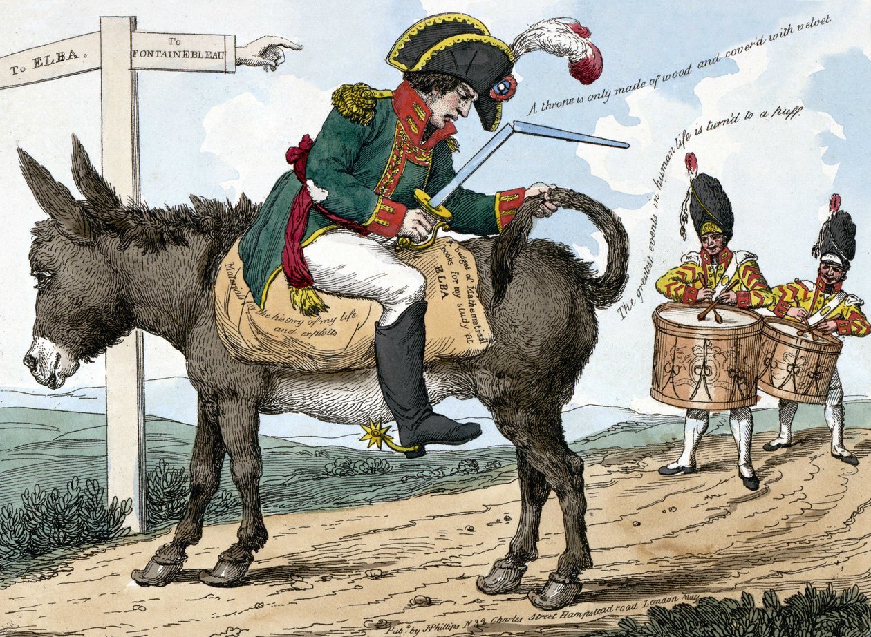 Die Reise eines modernen Helden zur Insel Elba. Diese Karikatur zeigt Napoleon Bonaparte, der auf einem Esel auf dem Weg von Fontainebleau zur Insel Elba sitzt; er hält ein zerbrochenes Schwert in einer Hand und die Zügel in der anderen von Unknown artist