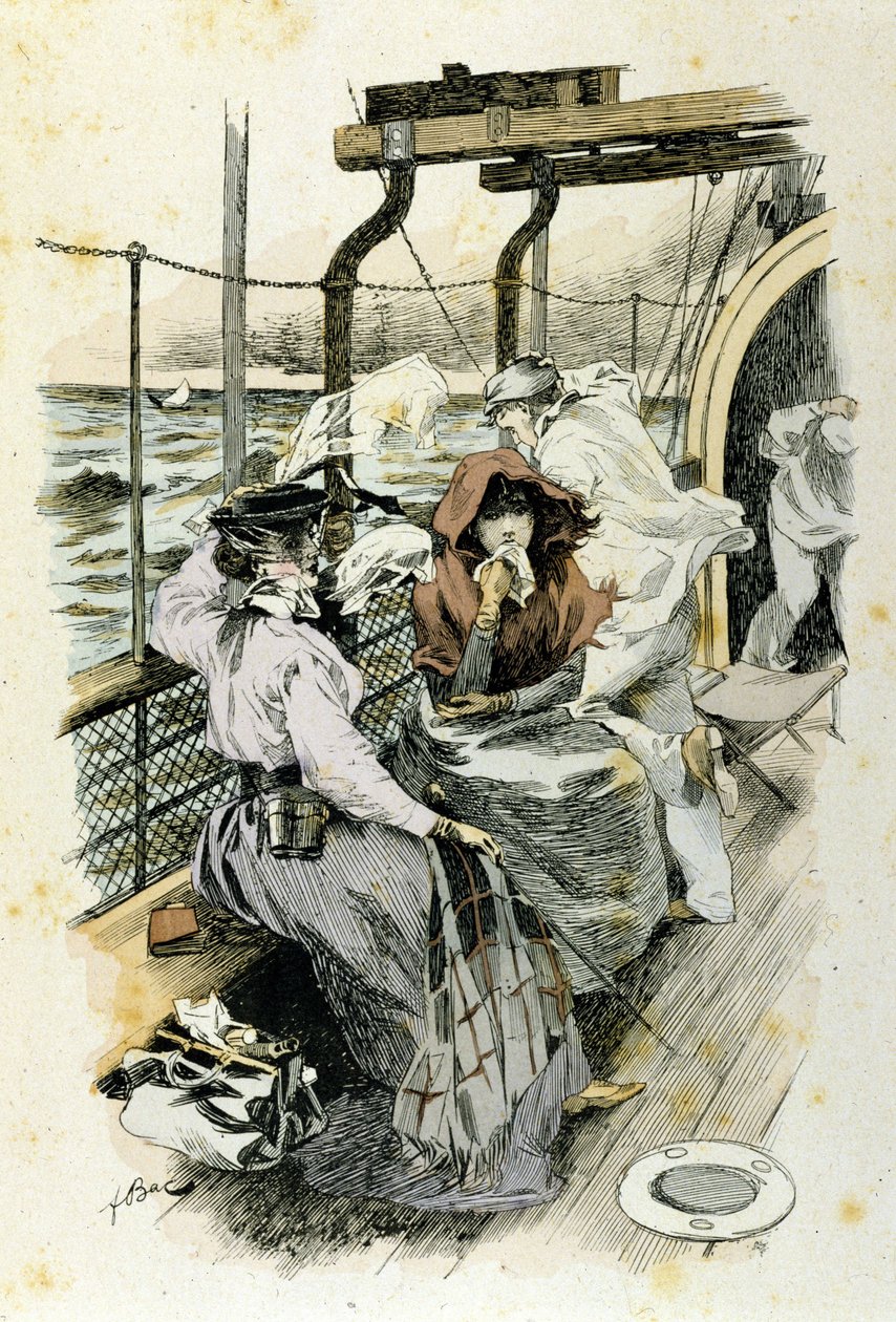 Das Leben der Passagiere an Bord: Eine junge Frau leidet an Seekrankheit von Unknown artist
