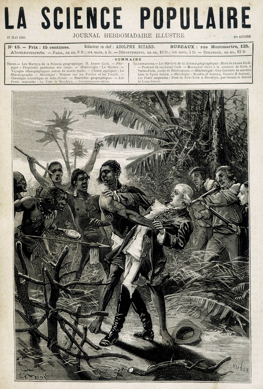 Die Märtyrer der Geographischen Wissenschaft: Tod von Captain Cook. Titelbild „La Science populaire“ vom 27. Mai 1880. von Unknown artist