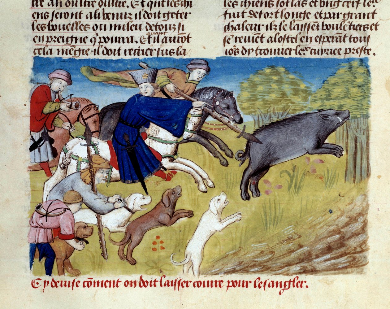 Die Miniatur-Wildschweinjagd aus „Das Buch der Jagd“ von Gaston III Phoebus, Graf von Foix, Herr von Béarn (1331-1391) von Unknown artist