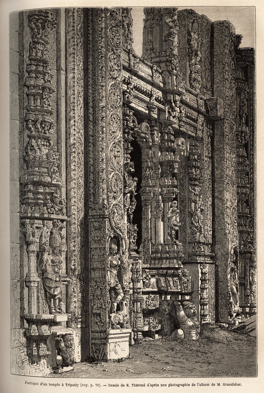 Das geschnitzte Portal eines Tempels in Tripetty (oder Tirupati, in Andhra Pradesh), ein wichtiger Ort der hinduistischen Pilgerfahrt. Gravur zur Illustration der Reise in die südlichen Provinzen Indiens, von Alfred Grandidier, veröffentlicht in „Le tour d von Unknown artist