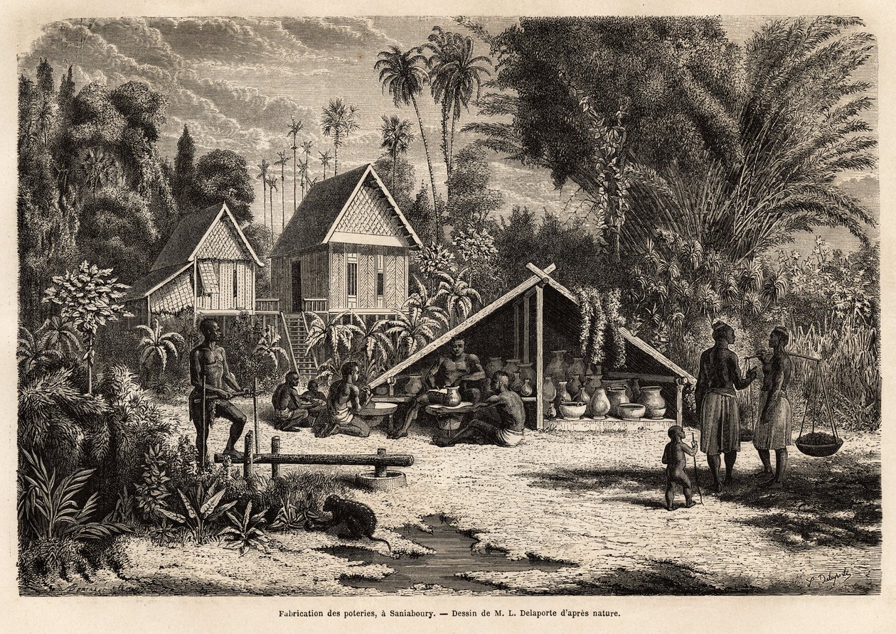 Die Herstellung von Töpferwaren in Saniaboury (Laos). Gravur zur Illustration der Entdeckungsreise in Indochina, von Francis Garnier, Leutnant de Vaissseau, 1866-1868, veröffentlicht in „Le tour du monde“ 1870-1871, herausgegeben von Edouard Charton, Ausga von Unknown artist