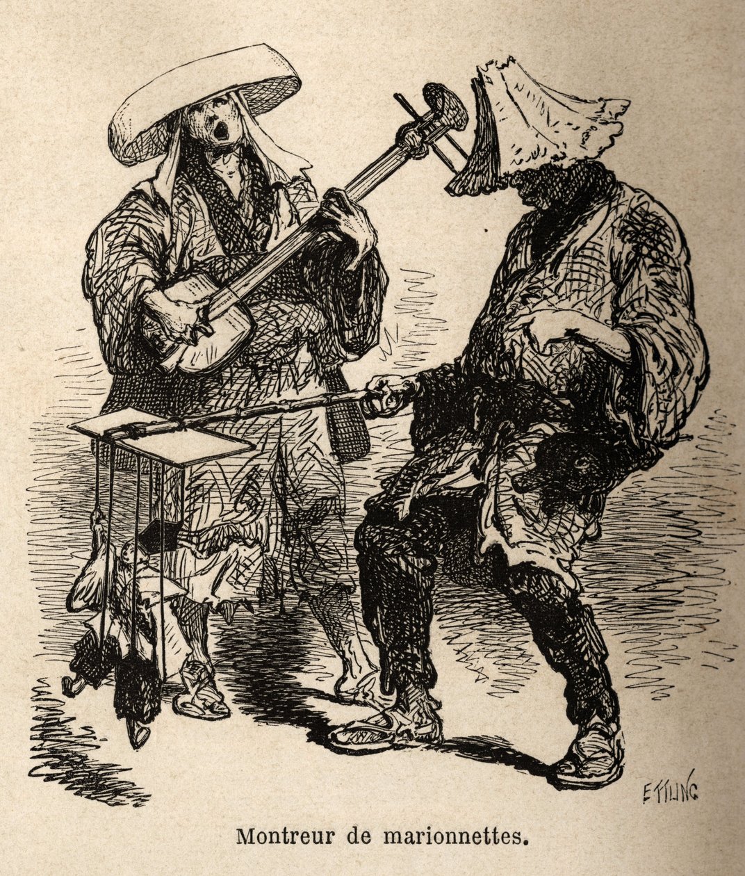 Das Puppenspiel und der Musiker, der ihn für Straßenunterhaltung begleitet. Gravur zur Illustration der Reise nach Japan, von Aime Humbert, Minister der Schweizerischen Eidgenossenschaft, veröffentlicht in „Le tour du monde, nouveau journal des voyages“, u von Unknown artist