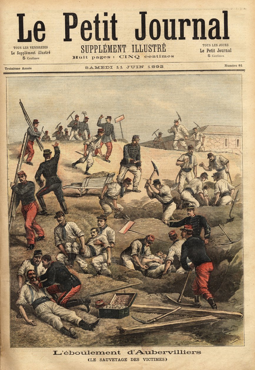 Die Rettung der Opfer von Aubervilliers, nach dem Einsturz des brüchigen Geländes, geschwächt durch die Manöver der Soldaten des 16. Artilleriebataillons, 5 Opfer wurden in den Einsturz verschlungen. Gravur in 