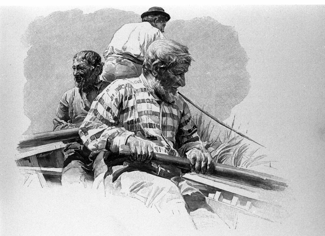 Die Ruderer auf einem Boot auf dem Fluss Anapo in Sizilien von Unknown artist