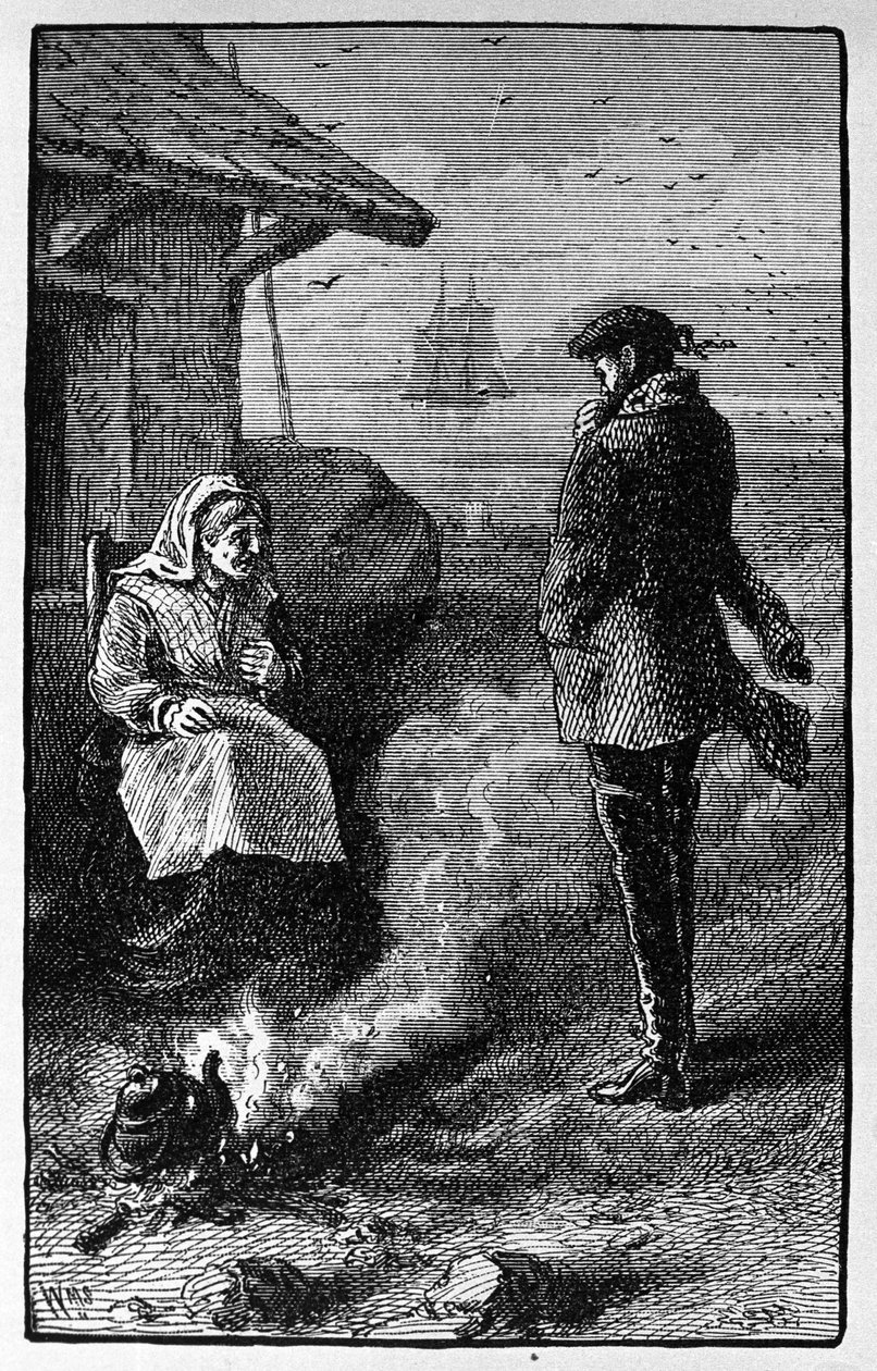 Die Hexe Bessie Millie, die auf der Insel Pomona (Orkney) lebt, verkauft den Seeleuten günstige Windbeutel. Illustration der Geschichte von Walter Scott aus dem Jahr 1814. Gravur des 19. Jahrhunderts von Unknown artist