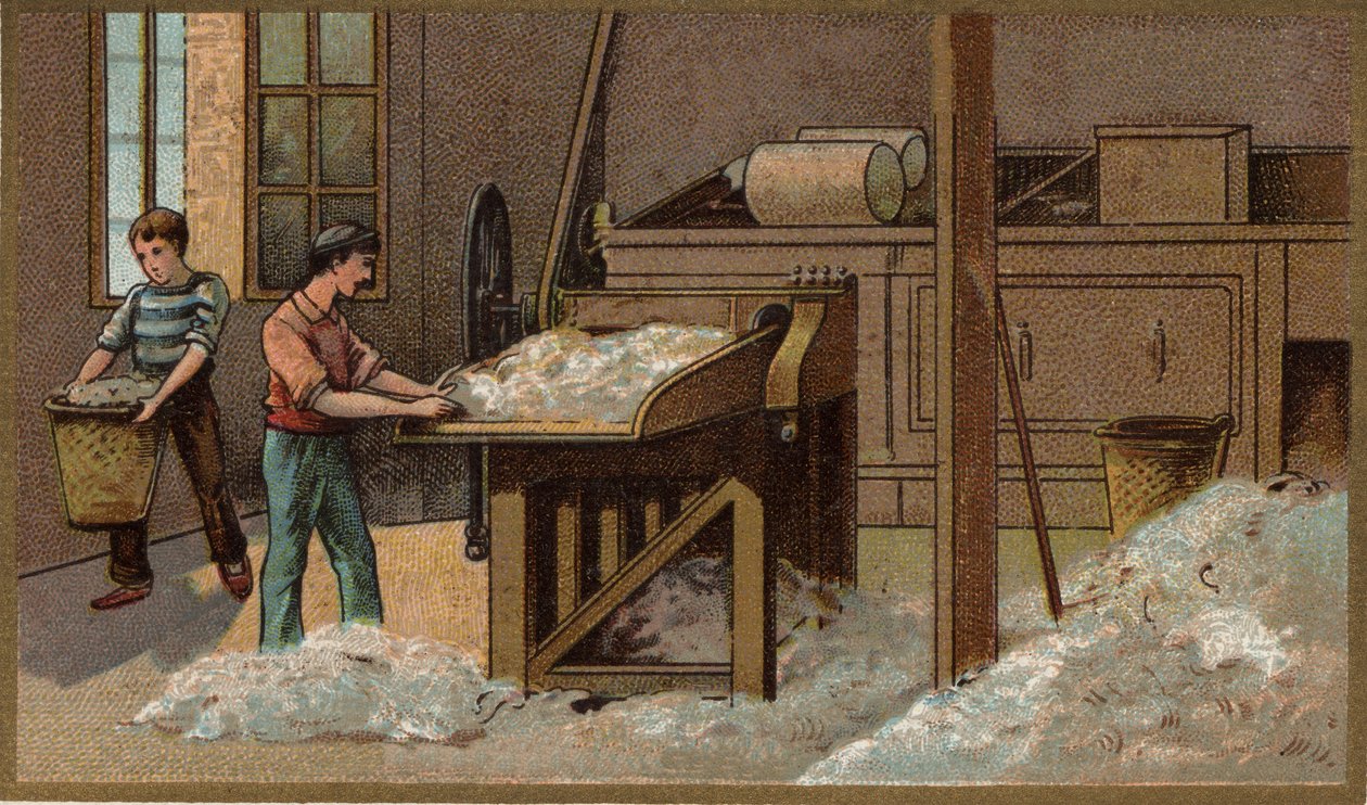 Die Wollindustrie: Dreschen. Chromolithografie aus dem späten 19. Jahrhundert von Unknown artist