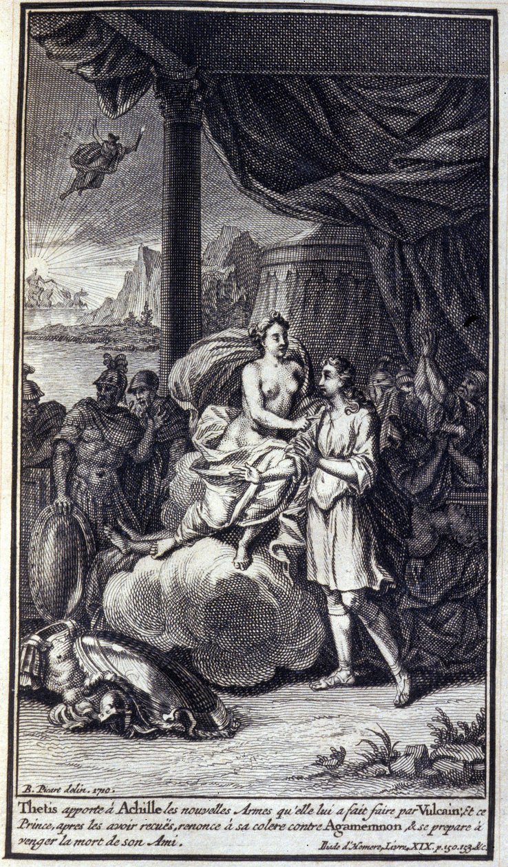 Thetis bringt Achilles die neuen Waffen, die sie ihm von Vulkan gemacht hat; und dieser Prinz, nachdem er sie erhalten hat, verzichtet auf seinen Zorn gegen Agamemnon und bereitet sich darauf vor, den Tod seines Freundes zu rächen. Illustration aus Buch XI von Unknown artist