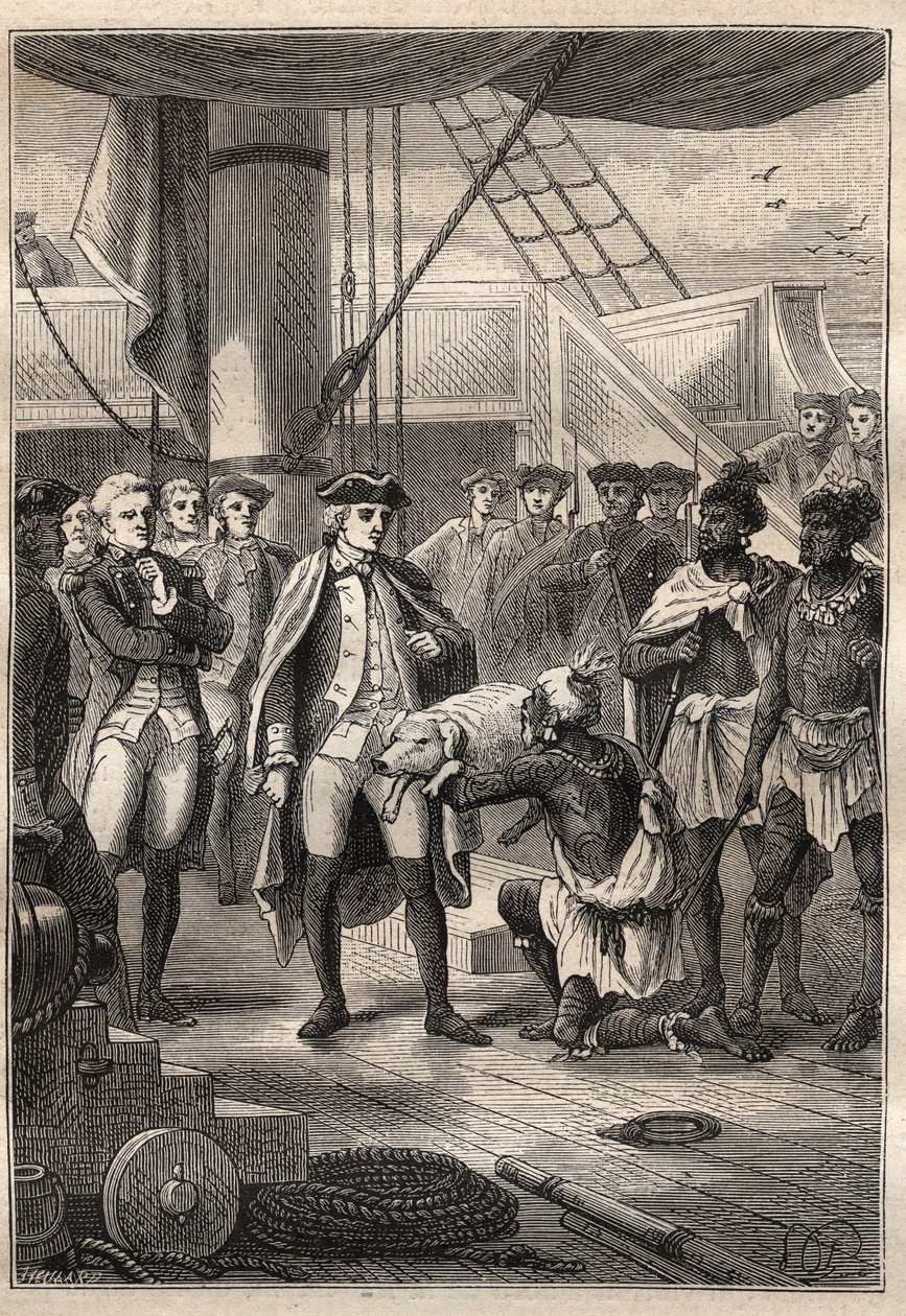 Dritte Reise (1776-1779) von Kapitän James Cook (1728-1779): Priester Koah bietet Cook ein kleines Schwein an Bord des Schiffes Resolution an (Hawaii) - Illustration aus „Die großen Seefahrer des 18. Jahrhunderts“ von Unknown artist