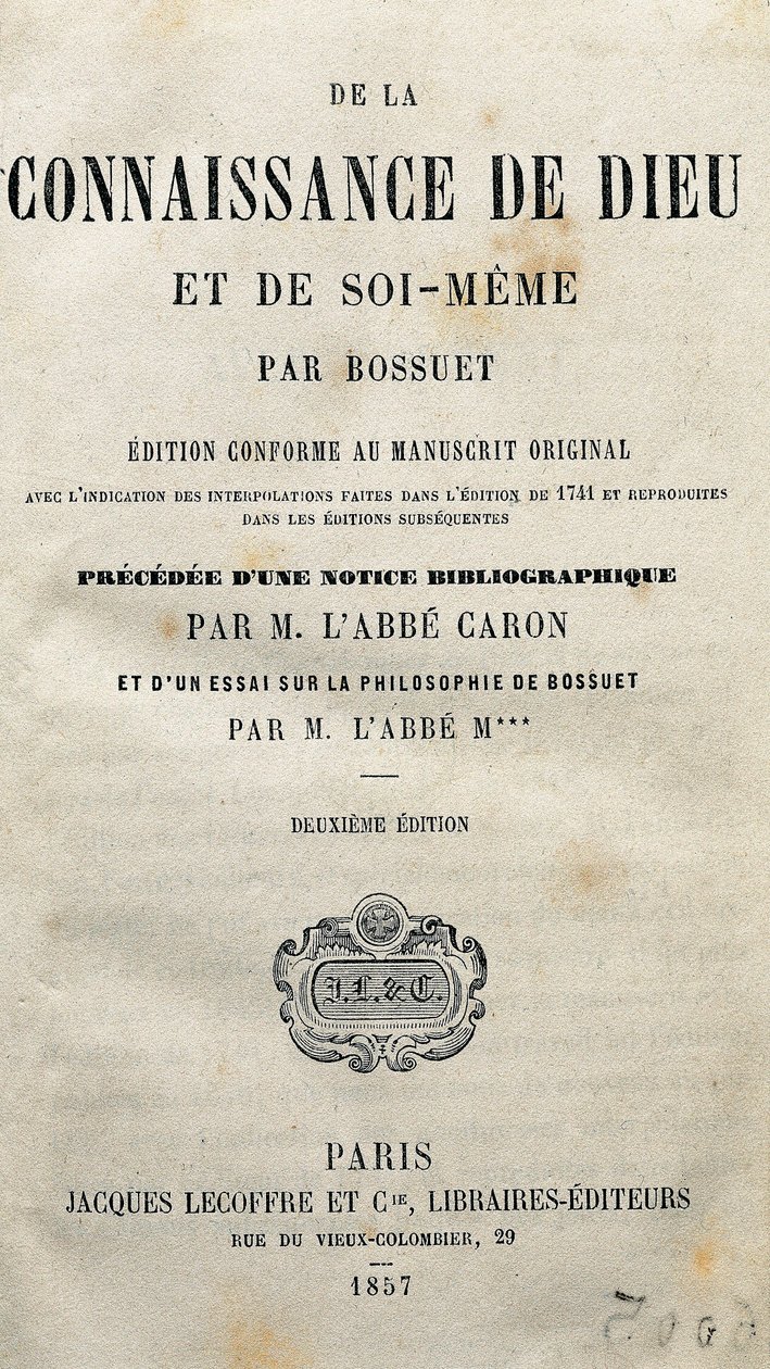 Titelseite von „Die Erkenntnis Gottes und des Selbst“ von dem französischen Theologen und Bischof Jacques-Bénigne Bossuet (1627-1704). 1857. von Unknown artist