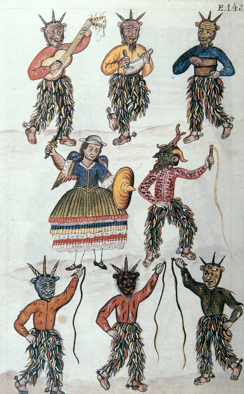 Traditioneller Tanz der Diablicos in Peru, aus dem Buch "Trujillo del Peru" oder "Códice Martínez Compañón", von Baltazar Martinez Compañón y Bujanda, Bischof von Trujillo (1782-1785) von Unknown artist