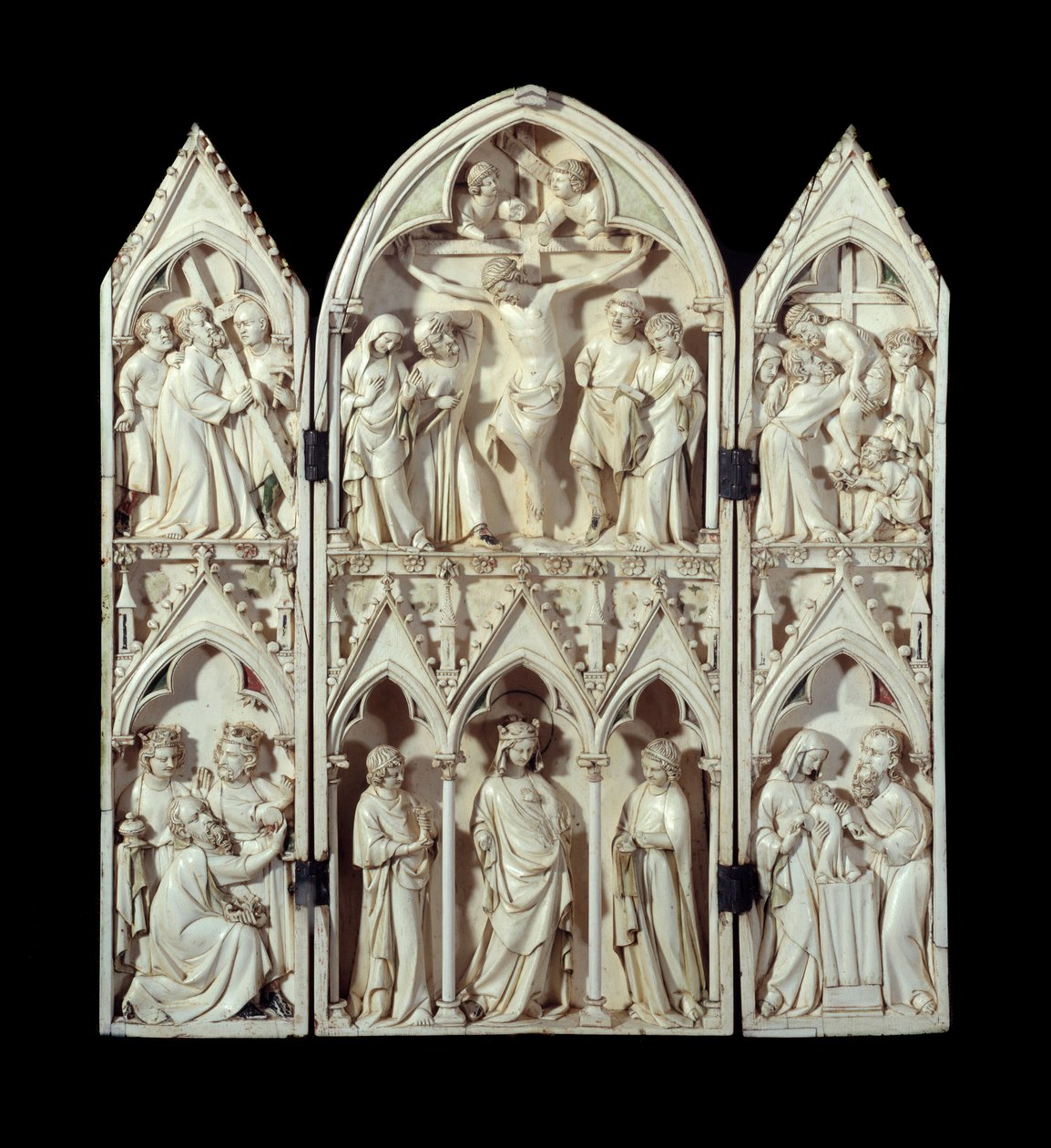 Triptychon von Saint-Sulpice du Tarn: Kreuztragung, Kreuzigung, Kreuzabnahme, Anbetung der Heiligen Drei Könige, Glorreiche Jungfrau, Darstellung im Tempel. Elfenbeinrelief um 1300 Paris, Nationalmuseum des Mittelalters, Thermen von Unknown artist