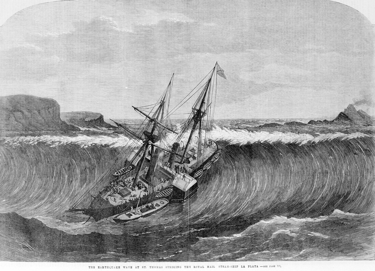 Tsunami 1867. Das Erdbeben in Saint Thomas verursachte die großen Wellen, die 1867 das Linienschiff „La Plata“ trafen von Unknown artist