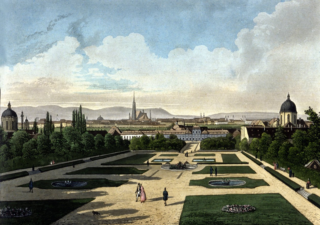 Ansicht des Belvedere in Wien, österreichischer Barockpalast, erbaut von Eugen von Savoyen. Lithographie des 19. Jahrhunderts von Unknown artist