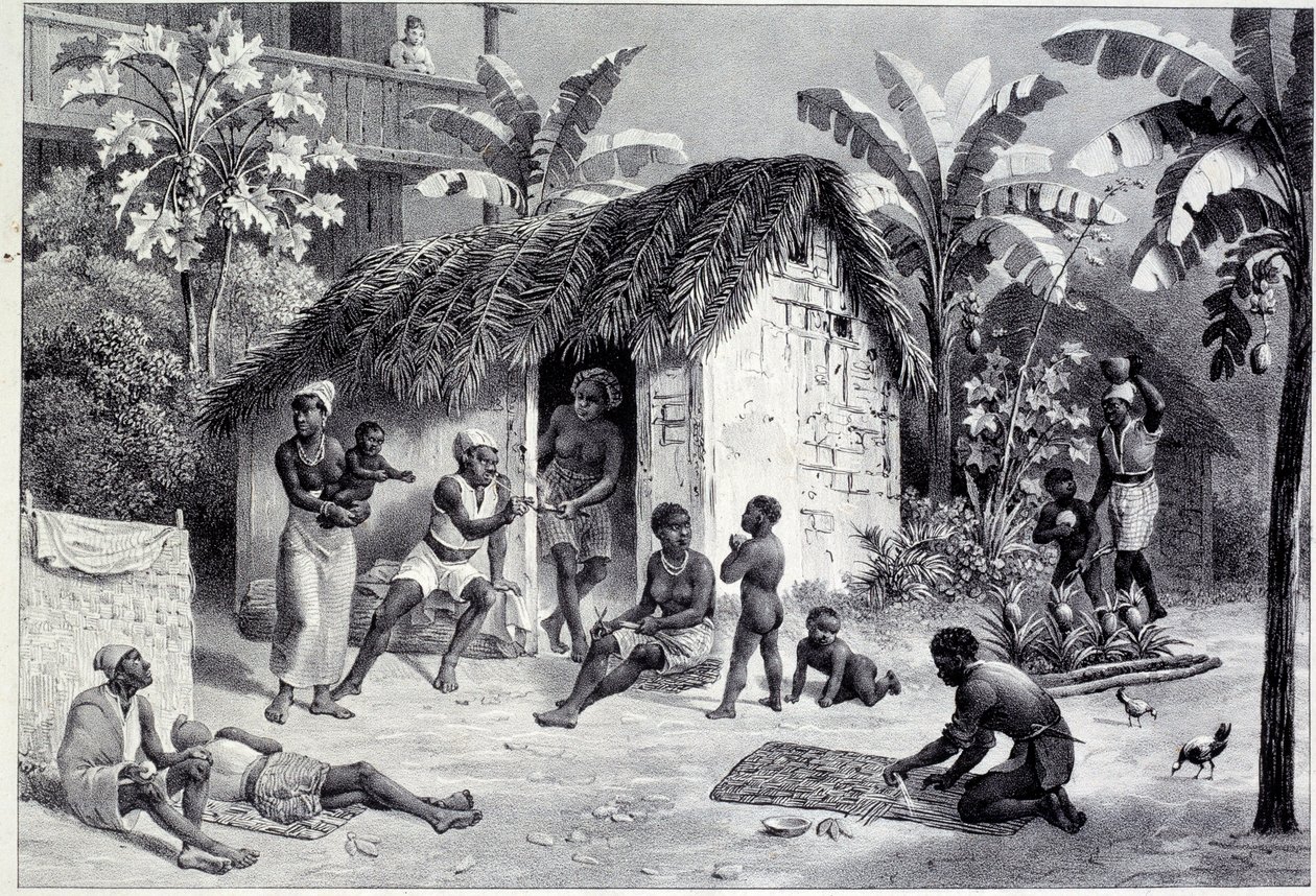 Ansicht einer Plantage mit einer Gruppe von Schwarzen in Westindien. Kupferstich aus dem 18. Jahrhundert von Unknown artist
