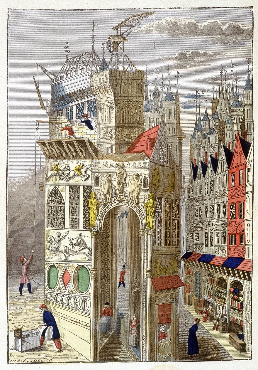 Ansicht einer Straße in Paris im 15. Jahrhundert, mit ihren Fachwerkhäusern und einer im Bau befindlichen Kirche von Unknown artist