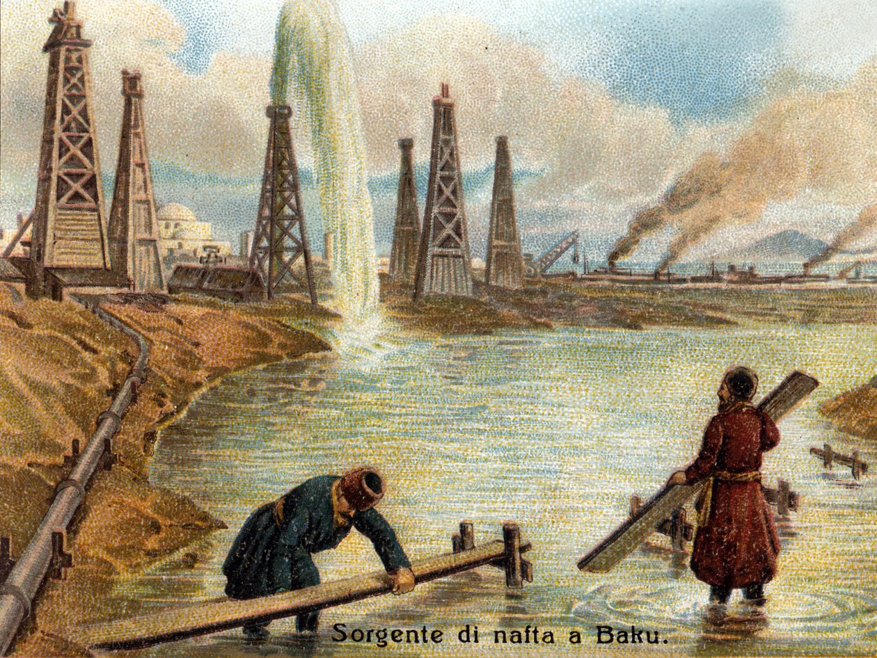 Ansicht der Ölquellen in Baku, Aserbaidschan. Chromolithographie um 1890 von Unknown artist