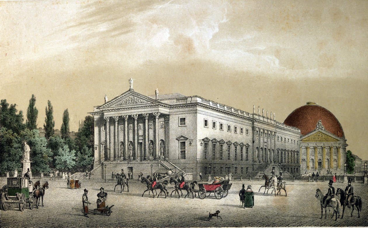 Ansicht der Oper Unter den Linden (Staatsoper Unter den Linden) auf der gleichnamigen Allee, mit der Kathedrale St. Hedwig (Sainte Edwige) am Bebelplatz (Opernplatz), Berlin. Deutschland. Gravur von 1850 von Unknown artist