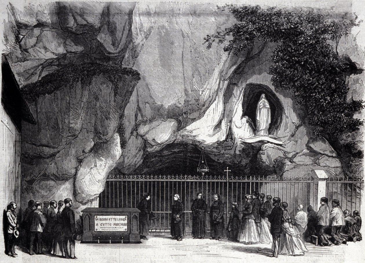Ansicht der Grotte von Lourdes in den Hohen Pyrenäen, wo die Jungfrau Maria 1858 Bernadette Soubirous (1844-1879) erschien, heute ein Wallfahrtsort. Gravur des 19. Jahrhunderts von Unknown artist
