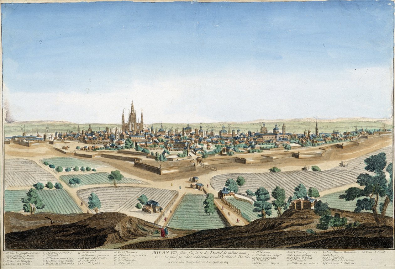 Ansicht der Stadt Mailand, Italien mit der Kathedrale und den Befestigungen. Gravur aus dem 18. Jahrhundert. von Unknown artist