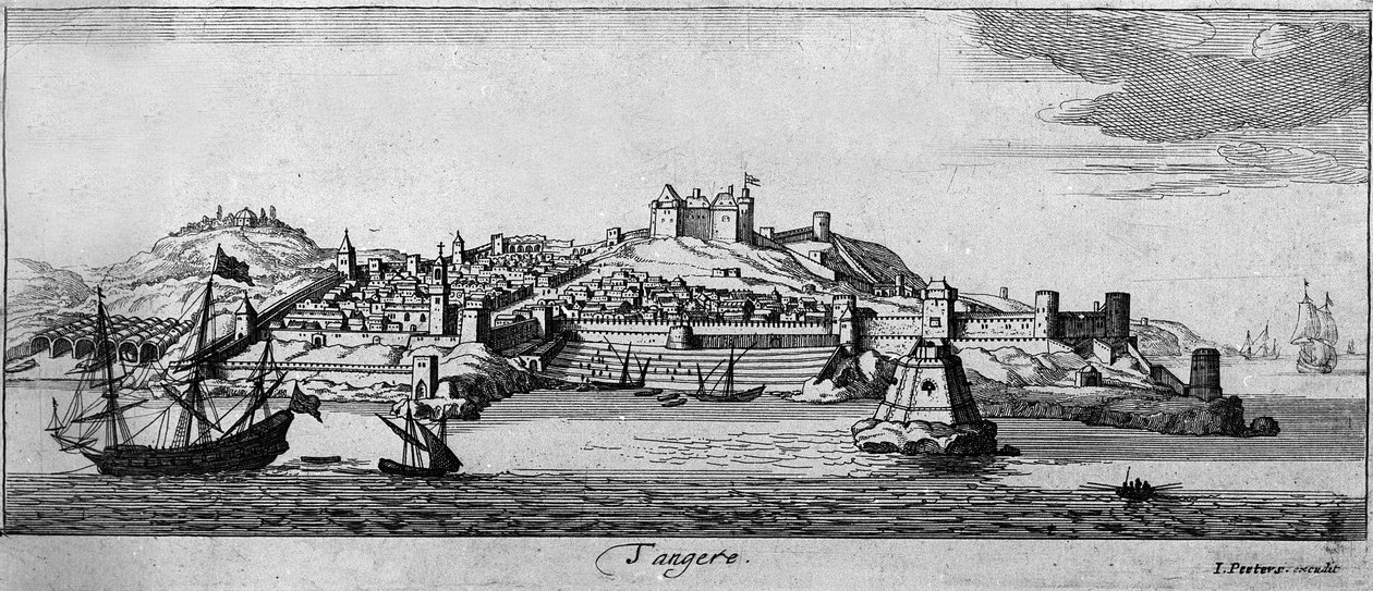 Ansicht der befestigten Stadt Tanger und der Küste, Marokko. Gravur aus dem 18. Jahrhundert von Unknown artist