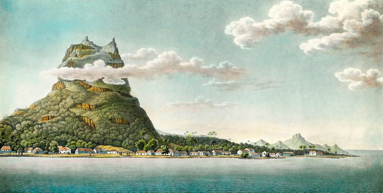 Ansicht der Insel Bora Bora im heutigen Französisch-Polynesien. Stich des 18. Jahrhunderts. Privatsammlung von Unknown artist