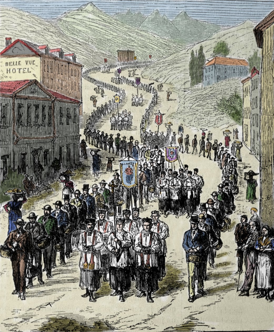 Ansicht der Prozession von der Station zur Grotte von Lourdes in den Hohen Pyrenäen, wo die Jungfrau Maria 1858 Bernadette Soubirous (1844-1879) erschien, heute ein Wallfahrtsort. Gravur aus dem 19. Jahrhundert von Unknown artist