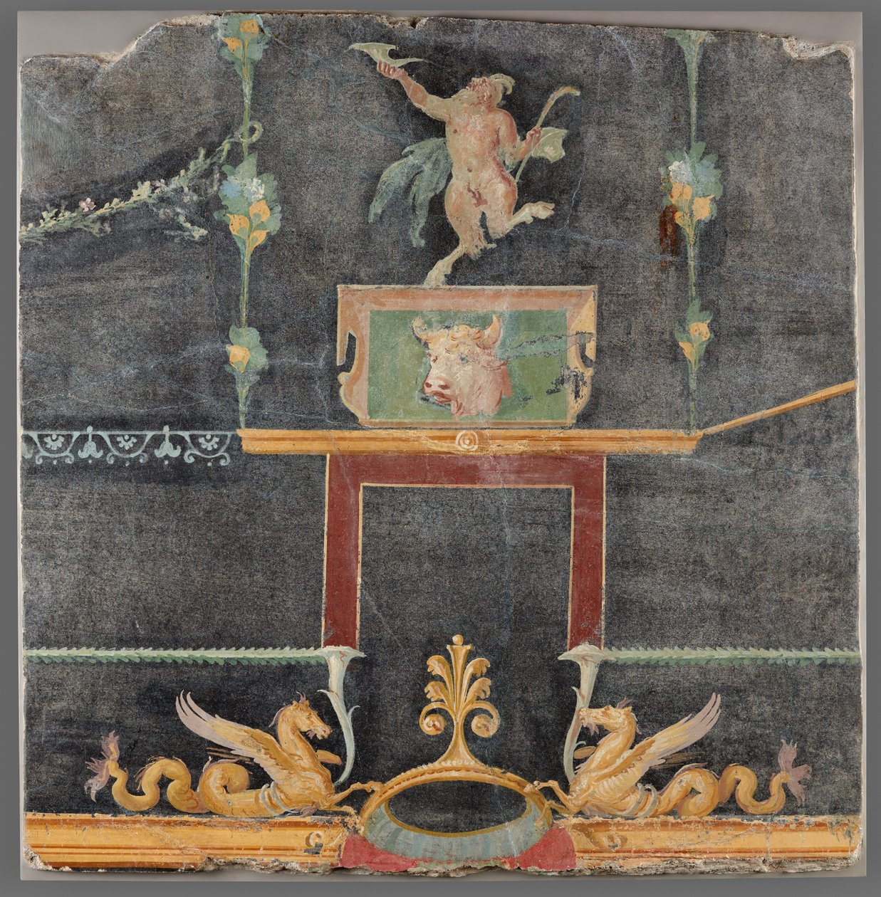 Wandfragment mit tanzendem Satyr, Hippokampen und anderen dekorativen Motiven auf schwarzem Grund von Unknown artist