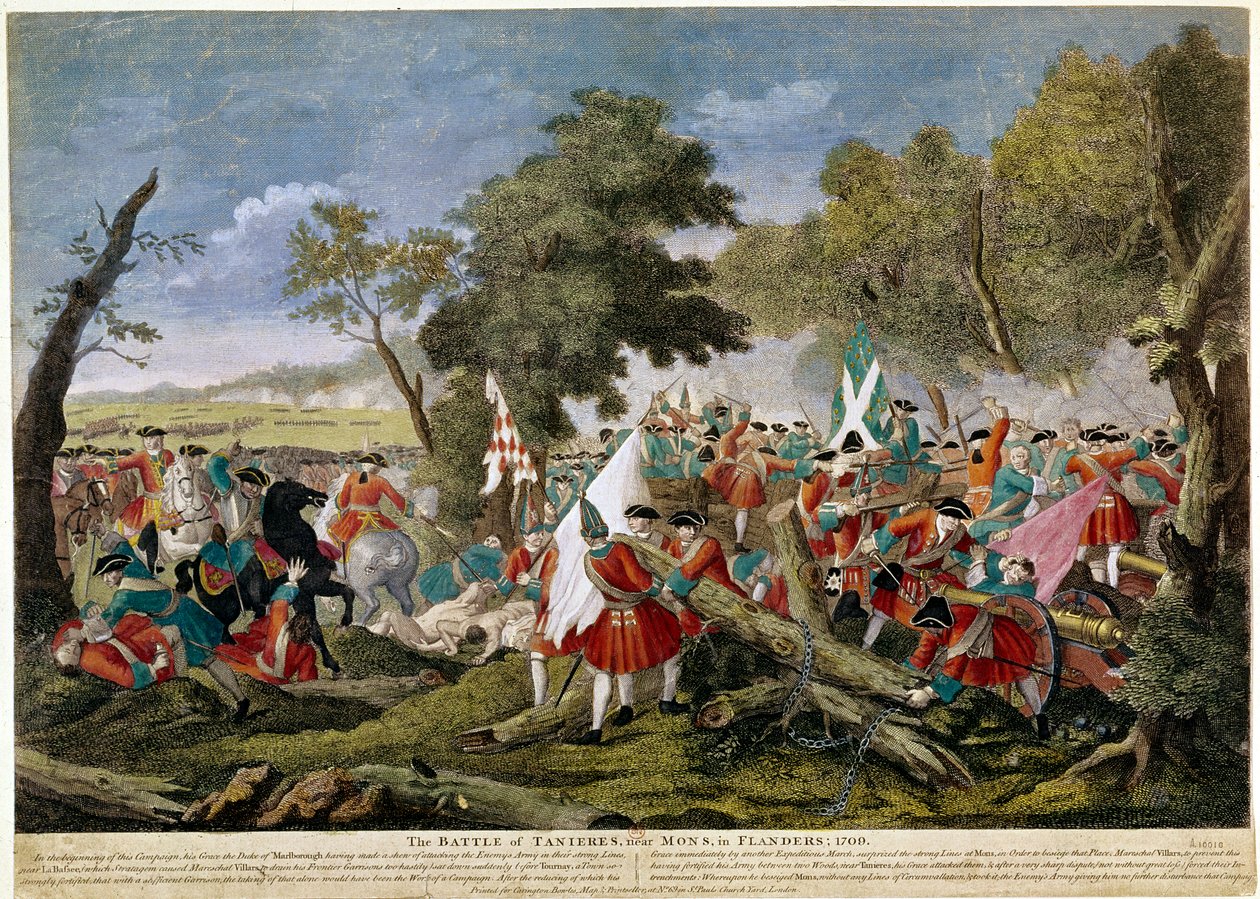 Spanischer Erbfolgekrieg (1701-1714): Ansicht der Schlacht von Malplaquet nahe Mons an der französisch-belgischen Grenze 11/09/1709 zwischen französischen und spanischen Truppen und einer englisch-niederländisch-österreichischen Koalition - Drucke von 1709 von Unknown artist