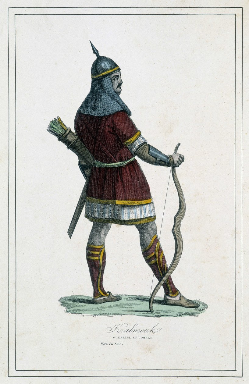 Krieger Kalmouk (mongolisches Volk von Südsibirien) - in "Die verschiedenen Völker der Erde" von Abbé P. Jouhanneaud, Librairie des Bons Livres, Limoges von Unknown artist