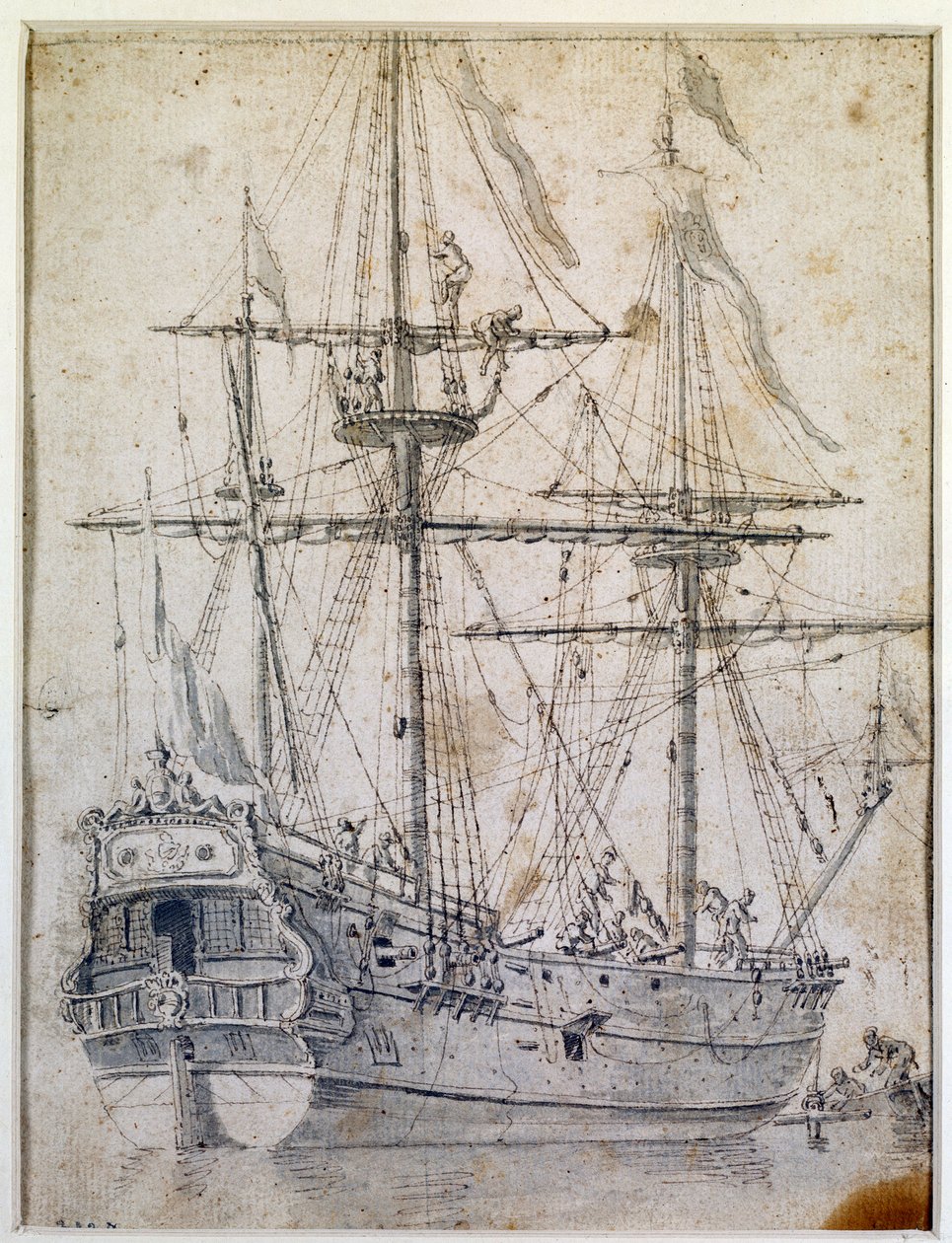 Kriegsschiff: Tuschzeichnung aus dem 18. Jahrhundert von Unknown artist
