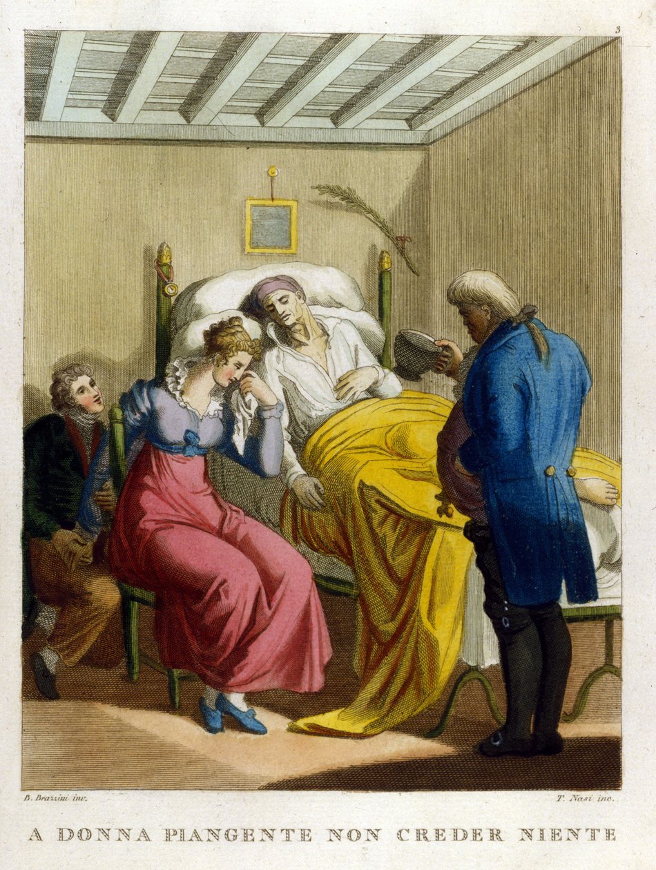 „Tränen einer Frau, Brunnen der Bosheit. Sieh eine Frau weinen.“ Gravur des 18. Jahrhunderts, die eine Reihe von Sprichwörtern illustriert. von Unknown artist