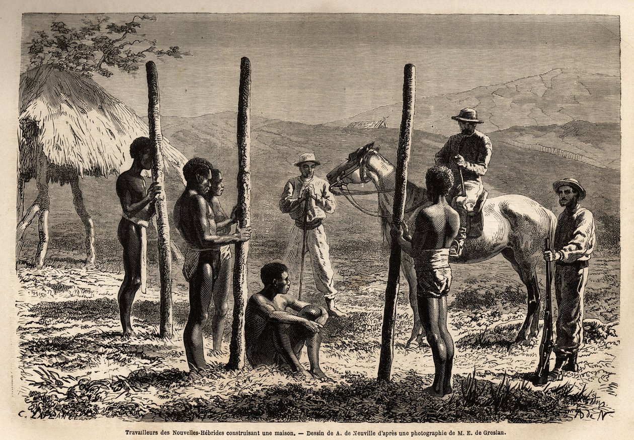 Arbeiter aus den Neuen Hebriden (oder seit 1980, die Republik Vanuatu, ein melanesischer Archipel nördlich von Neukaledonien), die ein Haus bauen, das der Autor während eines Ausritts trifft. Illustration der Reise nach Neukaledonien von Unknown artist