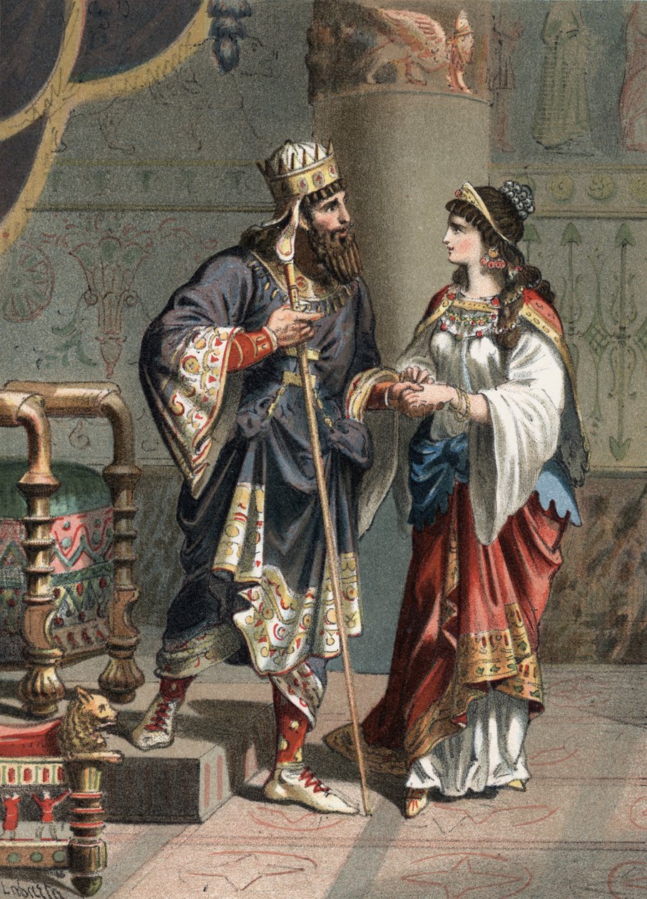 Xerxes I., Achämenidenkönig von Persien (519-465 v. Chr.) mit seiner Frau Amestris. Gravur von 1881 in „El Culto de la Hermosura“ von Juan Justo Huguet, Molinas Hermanos editores von Unknown artist