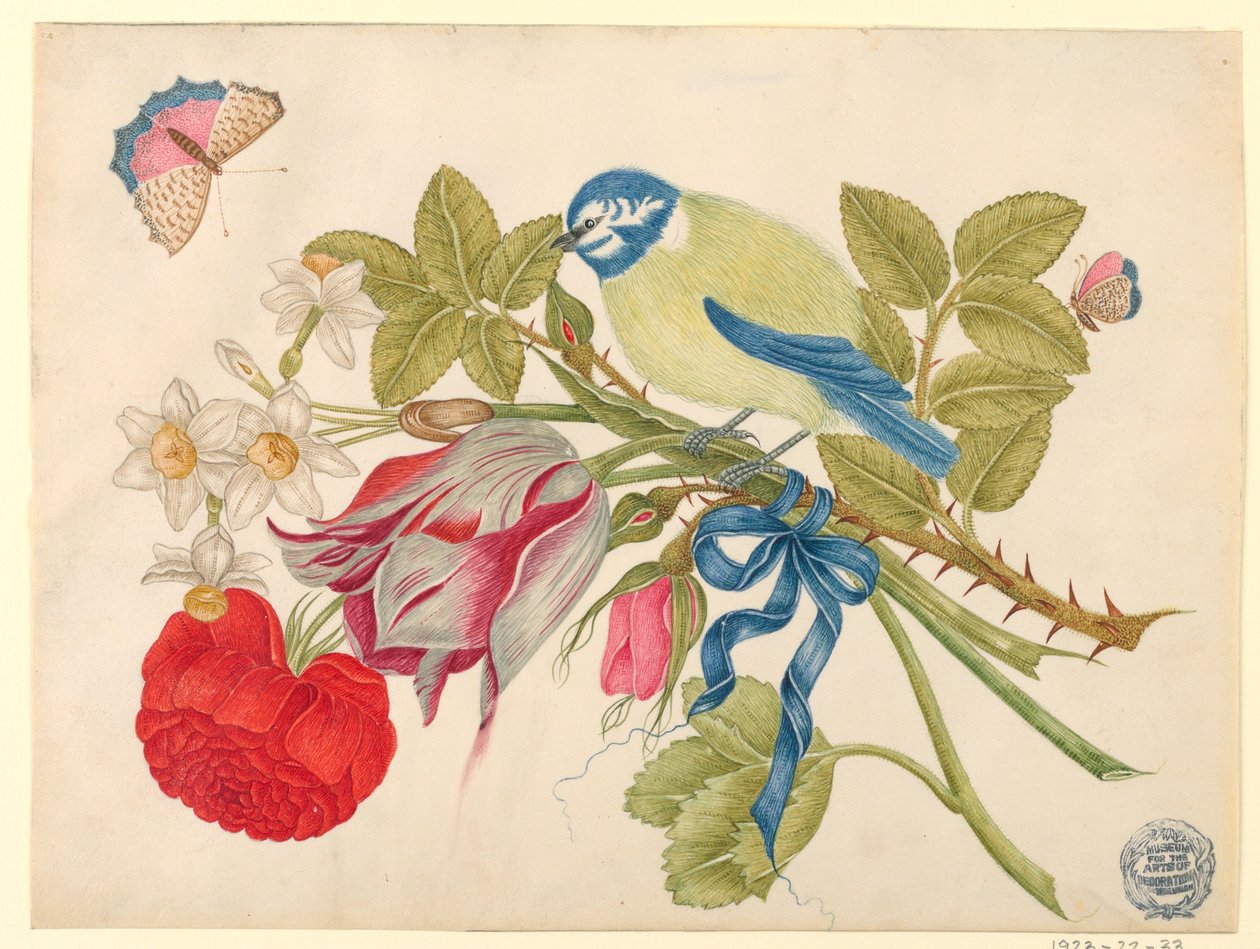 Gelb-blauer Vogel auf Strauß mit Rose, Tulpen und Narzissen, mit Schmetterlingen von Unknown artist
