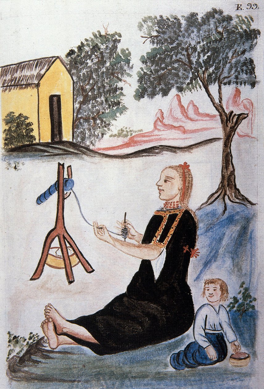 Junge Indianerin spinnt Wolle, aus dem Buch "Trujillo del Peru" oder "Códice Martínez Compañón", von Baltazar Martinez Compañón y Bujanda, Bischof von Trujillo (1782-1785) von Unknown artist