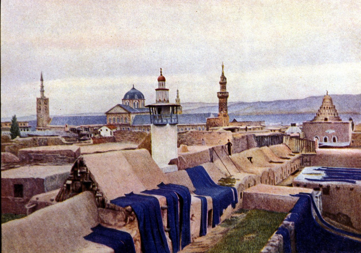 Blaue Baumwollstoffe zum Trocknen auf den Dächern der Färber in Damaskus (Syrien) von Unknown photographer