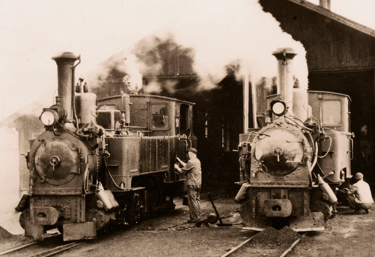 Zwei Dampflokomotiven werden von zwei Arbeitern gewartet von Unknown photographer