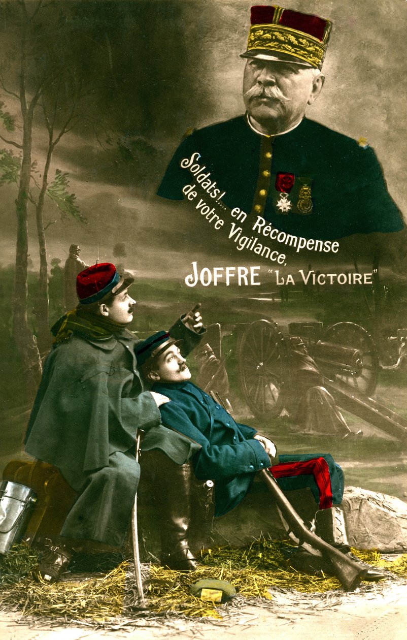 WWI-Postkarte, Marschall Joseph Joffre spricht die "Poilus" an: "Soldaten! Als Belohnung für eure Wachsamkeit, Sieg." von Unknown photographer