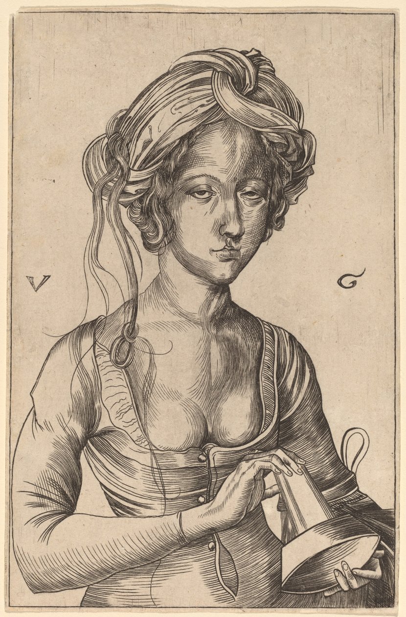 Büste einer törichten Jungfrau, die ihre umgedrehte Lampe hält von Urs Graf I after Martin Schongauer