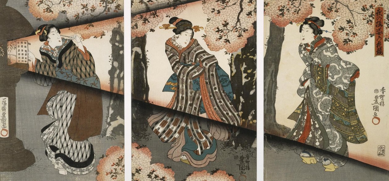 Nachtszene mit Mädchen und Laternen von Utagawa Kunisada
